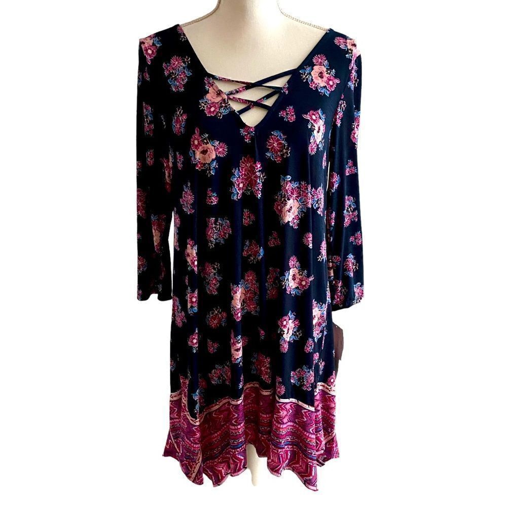 3 Three Pink Hearts Floral Mini Dress Tunic Size Large NWT